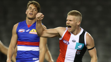 Dan Hannebery celebrates after scoring a goal during the match between the Saints and the Western Bulldogs in round three last year.