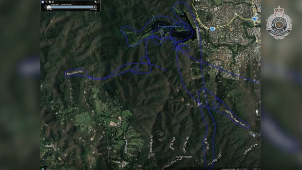 A map of the search area encompassing parts of Enoggera, The Gap and Mount Coot-tha.