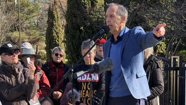 Former Greens leader Bob Brown speaks during a 'Stop Adani' vigil outside the High Commission of India in Canberra on Saturday.