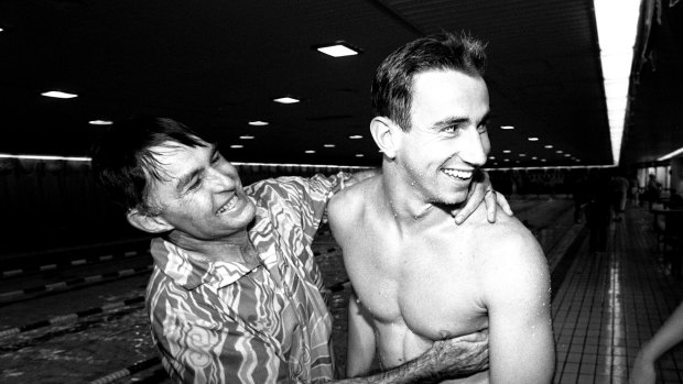Laurie Lawrence and Duncan Armstrong celebrates after victory in the 200m freestyle at the 1988 Olympics. 