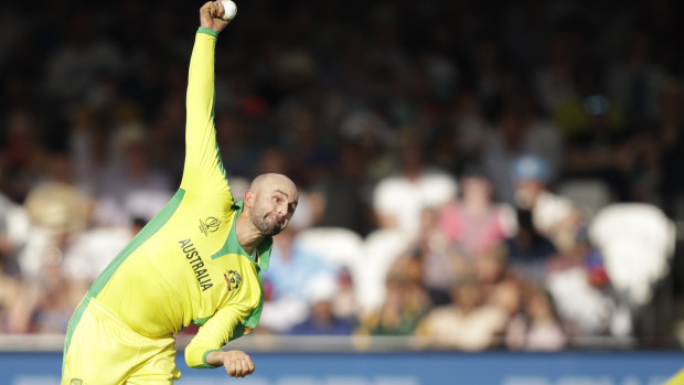 Offspinner Nathan Lyon bowls during Australia's match against New Zealand.