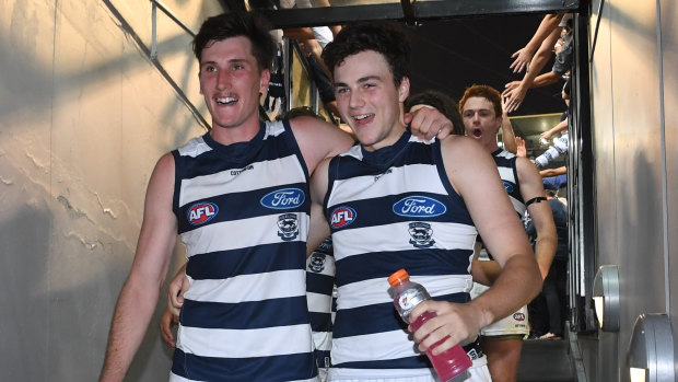 Young Cats Charlie Constable and Jordan Clark after Geelong's win over Collingwood.