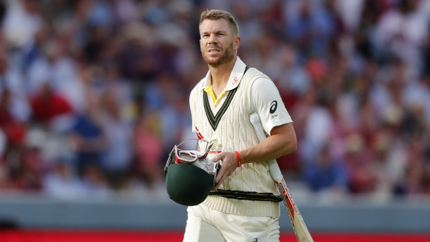 Gone: David Warner departs for three after being bowled by Stuart Broad. The Australian is yet to pass 10 from three innings this series. 