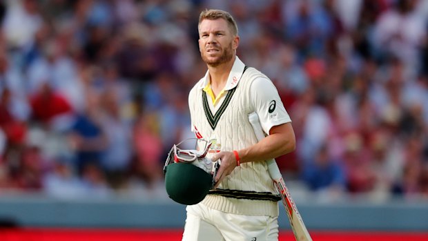 Gone: David Warner departs for three after being bowled by Stuart Broad. The Australian is yet to pass 10 from three innings this series. 