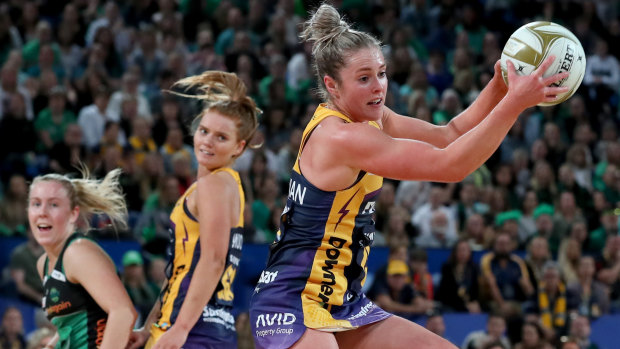 Laura Scherian of the Lightning   gets possession during the Super Netball Grand Final.