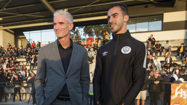 Mission accomplished: Craig Foster and Hakeem al-Araibi soak in the moment at Pascoe Vale's first game of the NPL Victoria season.