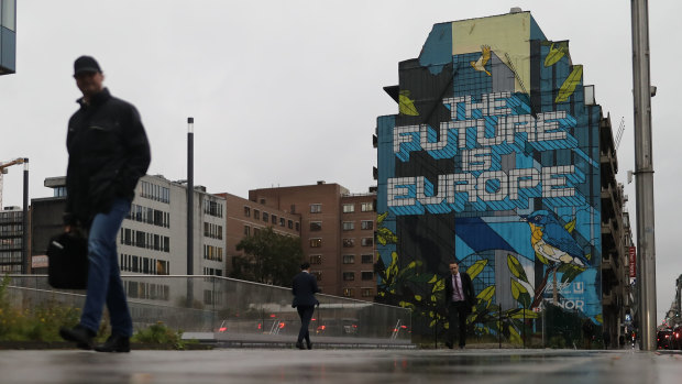 A mural reading 'The Future Is Europe' on Rue de la Loi in Brussels.