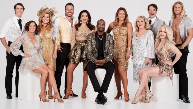 The 2019 cast of Dancing With the Stars, from left: James Rees, Cassandra Thorburn, Constance Hall, Miguel Maestre, Olympia Valance, Sir Curtly Ambrose, Michelle Bridges, Denise Scott, Samuel Johnson, Courtney Act and Jett Kenny.