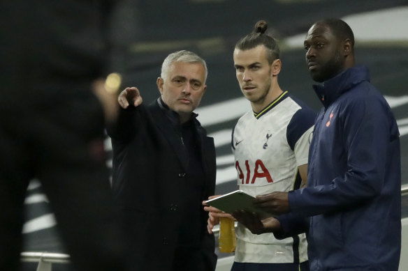 Tottenham manager Jose Mourinho, left, with Gareth Bale, centre, in October. 