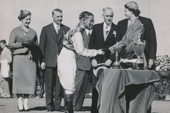 The Queen at Flemington in 1954 congratulating jockey Bill Williamson, who rode Sunish to victory in the Duke of Edinburgh Australian Cup.