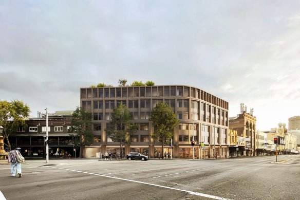 An impression of a student co-living development proposal at the corner of Broadway and Glebe Point Road.