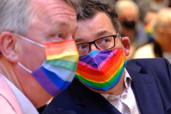 Premier Daniel Andrews with Health Minister Martin Foley on Sunday, at an event held before the announcement was made on borders. Mr Andrews and Mr Foley were opening an Australian-first pride centre. 
