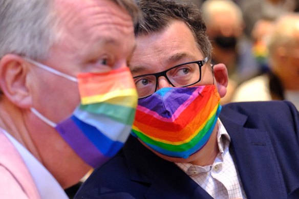Premier Daniel Andrews, with Health Minister Martin Foley, at the opening of the Victorian Pride Centre on Sunday, before the border closure was announced.  