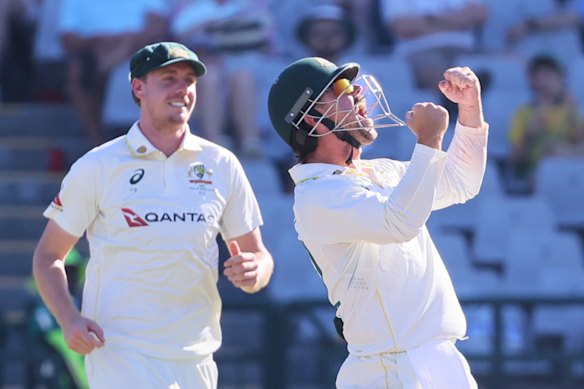 Travis Head celebrates the wicket of Marques Ackerman in Cape Town.