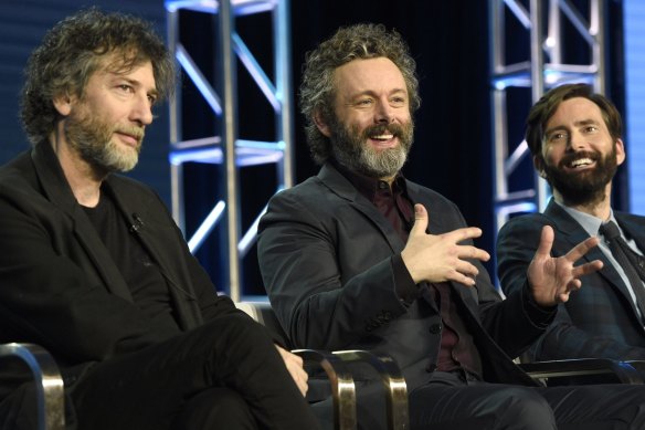 From left: Showrunner Neil Gaiman, Michael Sheen and David Tennant participate in the Amazon Good Omens panel at the Winter Television Critics Association Press Tour earlier this year