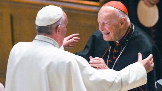 Pope Francis reaches out to hug Cardinal Archbishop emeritus Theodore McCarrick in 2015 before the scandal broke.