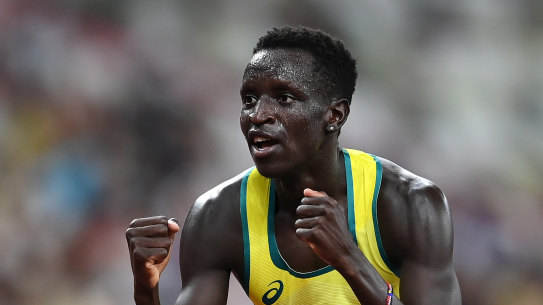 Peter Bol celebrates winning his semi-final.