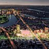 An indicative vision of the planned post-2032 Gabba entertainment precinct, including its 17,000-seat indoor arena.