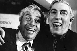 Sir Les Patterson (Barry Humphries), left, and comedian and actor Peter Cook at the first Melbourne International Comedy Festival.