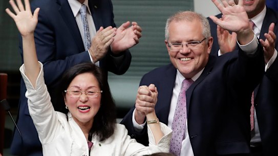 Liberal MP Gladys Liu and Prime Minister Scott Morrison after her maiden speech, in which she declared, “How good is Australia?”