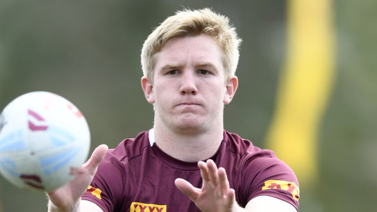 Maroons first-gamer Tom Dearden at training.