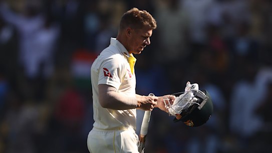 David Warner trudges off in the first innings in Nagpur.