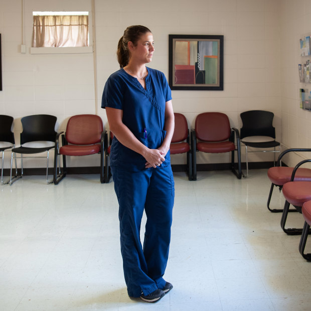 Nurse practitioner Alyssa Simmons stands inside the empty waiting room at the Delta Health Centre in Indianola, Mississippi. 