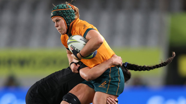 Emily Chancellor in action against New Zealand in Australia’s pool match at the Rugby World Cup.