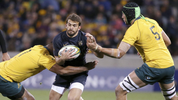 Recall: Ramiro Moyano (centre), seen here during a Test match last year, is back in the Pumas' squad.l