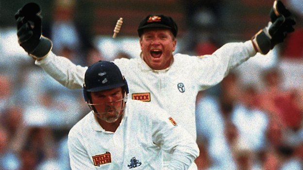 Wicketkeeper Ian Healy celebrates Gatting's wicket