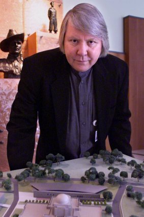 Architect John Denton (pictured in 1999) with designs for the Anzac Hall.