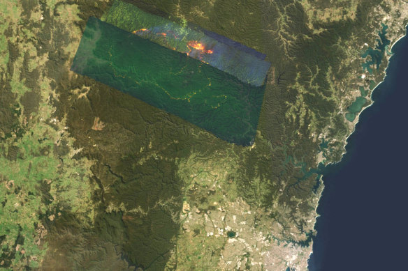 A map of the Gospers Mountain bushfire, burning in the Hawkesbury, north-west of Sydney.