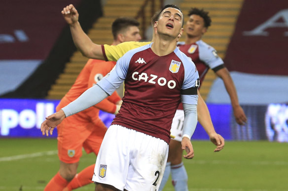 Villa’s Anwar El Ghazi after a missed chance at Villa Park.