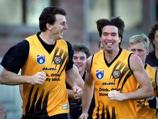 Wayne Campbell and Brendon Gale at a Richmond training session in their playing days. 