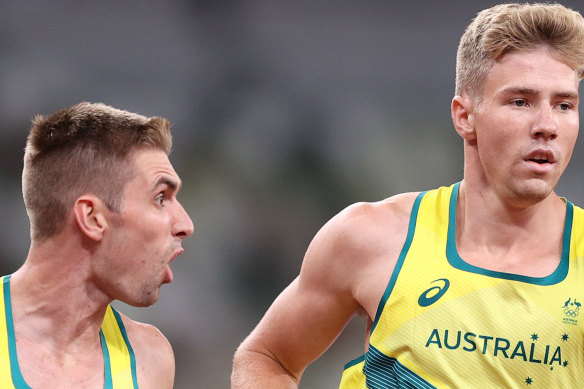 Cedric Dubler giving Ash Moloney the encouragement he needed in the last event of the decathlon.