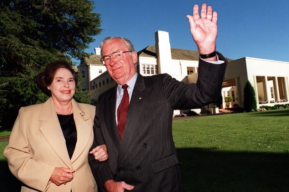 Bill Hayden and his wife Dallas on their last day at Government House in 1996.