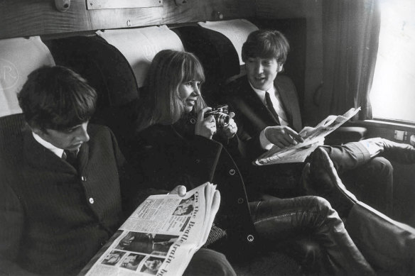 Astrid Kirchherr, with John Lennon and Ringo Starr during the filming of "A Hard Day's Night". 