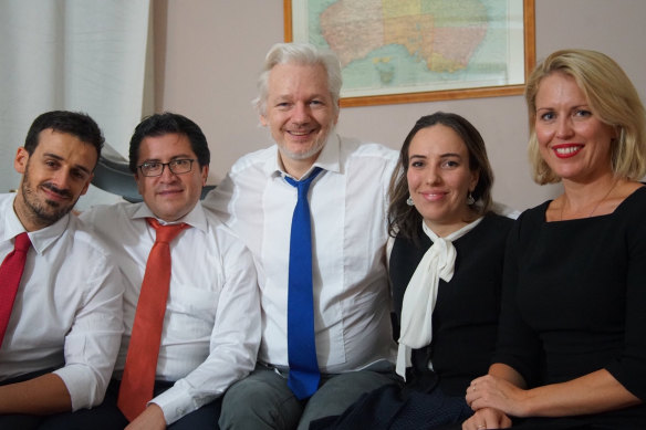 Julian Assange, centre, with Stella Moris, right, and barrister Jennifer Robinson, far right, and his Ecuadorian counsel Carlos Poveda, left, in an undated picture supplied by WikiLeaks.