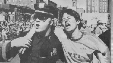 Rosie Ruiz, pictured here being helped by Boston police after crossing the finish line, was busted for cheating in the Boston Marathon in 1980.