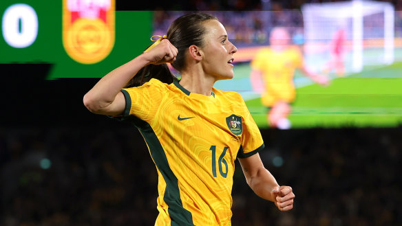 Hayley Raso of Australia celebrates scoring a goal during the international friendly match against China.