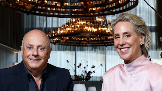 Restaurateur Chris Lucas and Victoria Racing Club chief executive Kylie Rogers at Society restaurant announcing a partnership for the Melbourne Cup Carnival.  