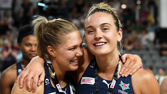Kate Moloney and Liz Watson have been playing together for years. The pair were all smiles after the Vixens won the 2020 grand final.
