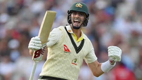 Pat Cummins celebrates after scoring the winning runs to defeat England during Day Five of the LV= Insurance Ashes 1st Test match between England and Australia at Edgbaston on June 20, 2023 in Birmingham, England. (Photo by Stu Forster/Getty Images)