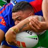 Latrell Mitchell is denied the late match-winner in Newcastle on Sunday.