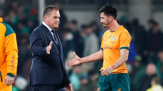 Dave Rennie and Jake Gordon after the Wallabies’ loss to Ireland in 2022