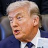 US President Donald Trump holds up a photo of the Lincoln Memorial reflecting pool during a news conference.