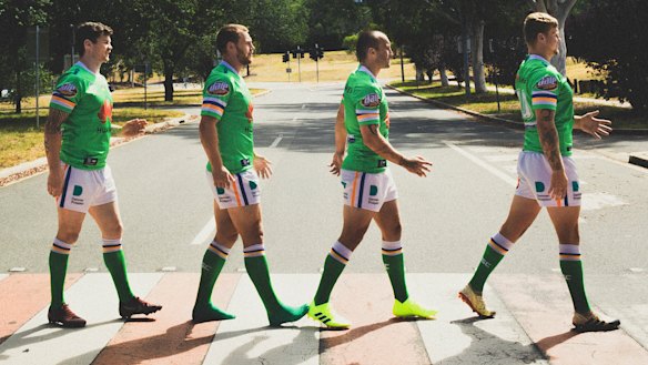 The Canberra Raiders' English quartet doing their best to remodel The Beatles' Abbey Road album cover.