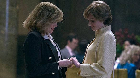 Camilla Parker Bowles (played by Emerald Fennell) and Diana Spencer (Emma Corrin) in a scene from The Crown filmed at Australia House.