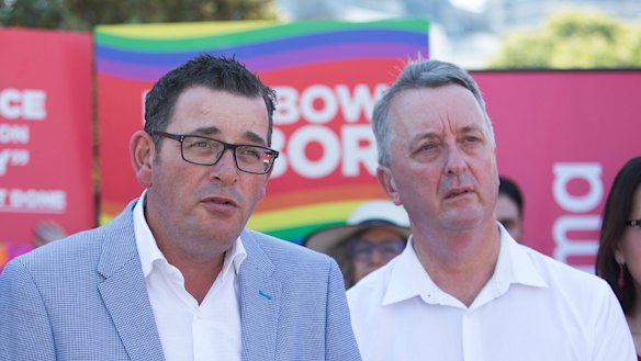 State Equality Minister Martin Foley next to Premier Daniel Andrews at the St Kilda Pride March.