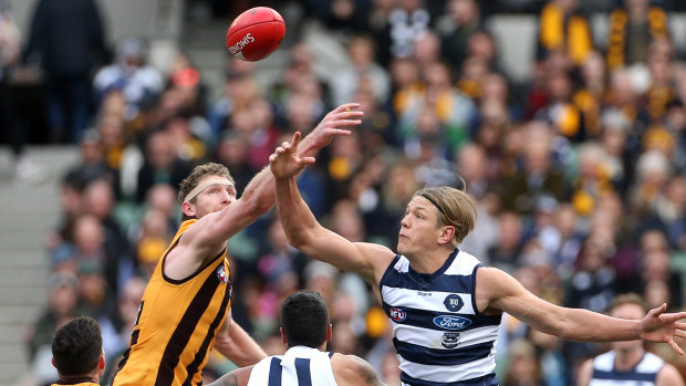 Geelong's Rhys Stanley goes up against Hawthorn's Ben McEvoy during round 18 of the 2019 season.